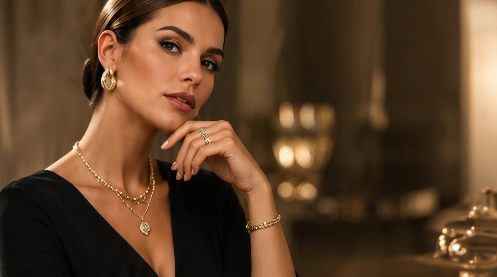 Mulher de vestido preto usando brincos e colares dourados